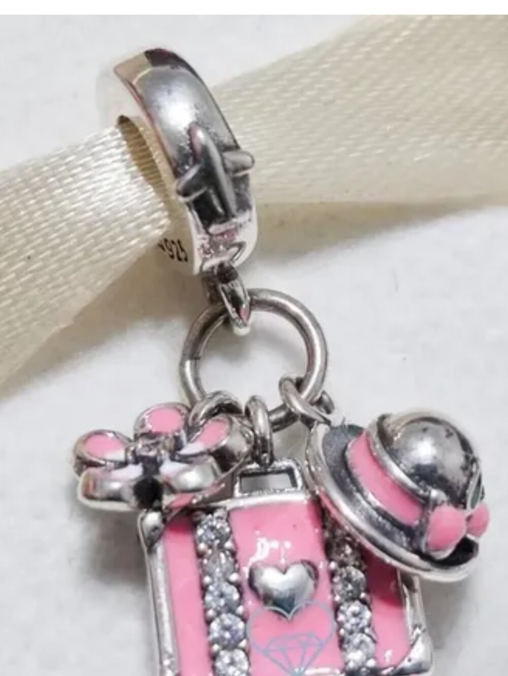 Sterling Silver Pink Travel Charm Dangle with Flower & Hat